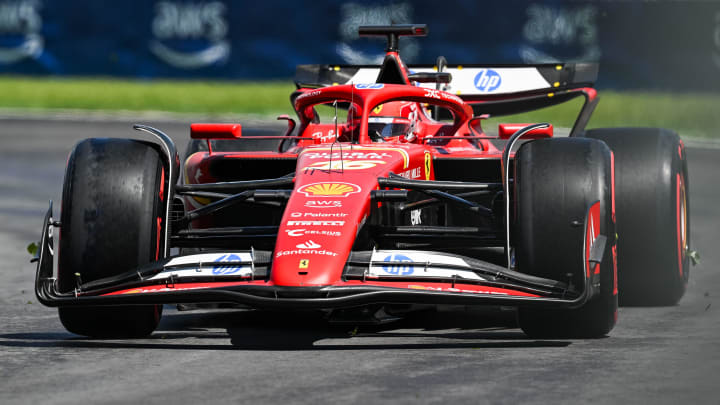 Jun 7, 2024; Montreal, Quebec, CAN; Ferrari driver Charles Leclerc (MCO) races during FP1 practice session of the Canadian Grand Prix at Circuit Gilles Villeneuve. Mandatory Credit: David Kirouac-USA TODAY Sports