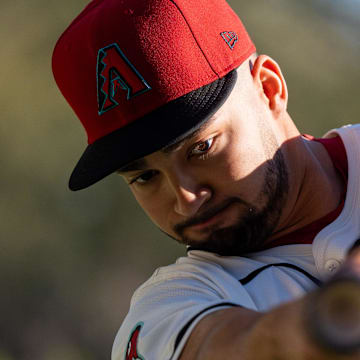 Feb 21, 2024; Scottsdale, AZ, USA; Arizona Diamondbacks infielder Jordan Lawlar (10) poses for a picture for MLB media day at Salt River Fields. Mandatory Credit: Allan Henry-Imagn Images