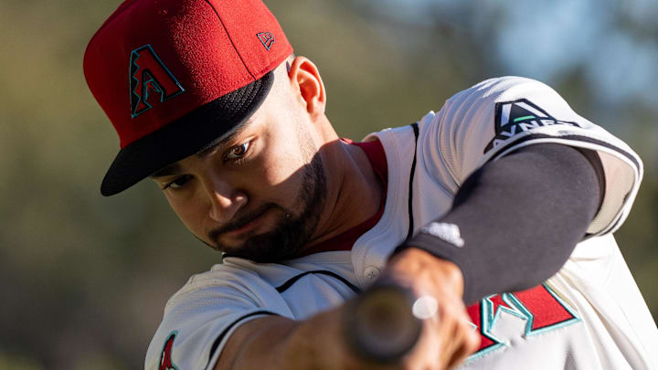 Feb 21, 2024; Scottsdale, AZ, USA; Arizona Diamondbacks infielder Jordan Lawlar (10) poses for a picture for MLB media day at Salt River Fields. Mandatory Credit: Allan Henry-Imagn Images