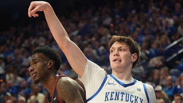 Kentucky's forward Trent Noah (9) watches the shot go in against North Carolina Central's forward Ramondo Battle II (22) in Rupp Arena Tuesday night.
Dec. 9, 2025