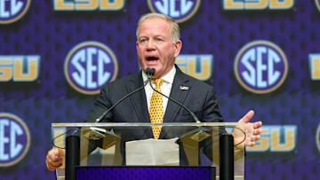 Jul 16, 2025; Atlanta, GA, USA; LSU Tigers head coach Brian Kelly talks to the media during SEC Media Day at Omni Atlanta Hotel. Mandatory Credit: Jordan Godfree-Imagn Images