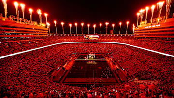 Fireworks go off over Neyland Stadium as Tennessee runs through the T before a college football game against Mississippi State in Knoxville, Tenn., on Saturday, Nov. 9, 2024.