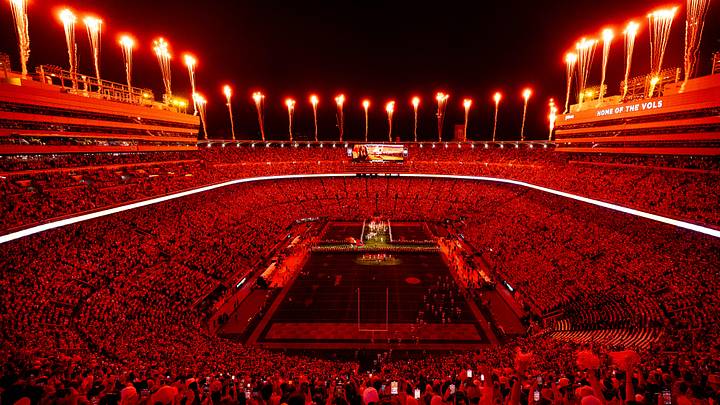 Fireworks go off over Neyland Stadium as Tennessee runs through the T before a college football game against Mississippi State in Knoxville, Tenn., on Saturday, Nov. 9, 2024.