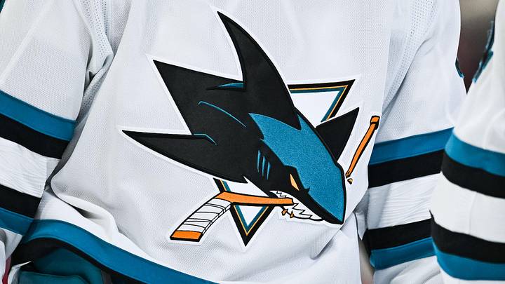 Mar 14, 2026; Montreal, Quebec, CAN; View of a San Jose Sharks logo on a jersey worn by a member of the team during the third period at Bell Centre. 
