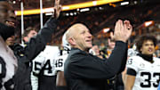 Nov 29, 2025; Knoxville, Tennessee, USA;  Vanderbilt Commodores head coach Clark Lea celebrates with his team after a game against the Tennessee Volunteers at Neyland Stadium. Mandatory Credit: Randy Sartin-Imagn Images