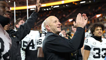 Nov 29, 2025; Knoxville, Tennessee, USA;  Vanderbilt Commodores head coach Clark Lea celebrates with his team after a game against the Tennessee Volunteers at Neyland Stadium. Mandatory Credit: Randy Sartin-Imagn Images