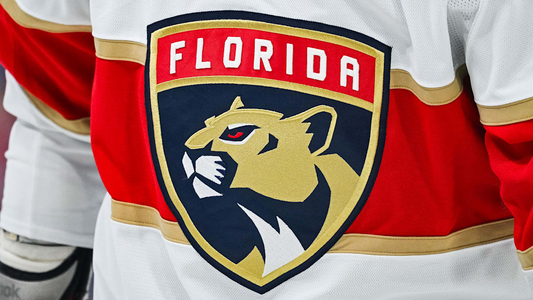 Nov 30, 2023; Montreal, Quebec, CAN; View of a Florida Panthers logo on a jersey worn by a member of the team during warm-up before the game against the Montreal Canadiens at Bell Centre. Mandatory Credit: David Kirouac-Imagn Images