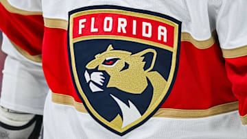 Nov 30, 2023; Montreal, Quebec, CAN; View of a Florida Panthers logo on a jersey worn by a member of the team during warm-up before the game against the Montreal Canadiens at Bell Centre. Mandatory Credit: David Kirouac-Imagn Images
