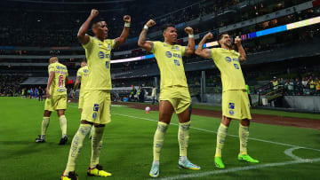 América players celebrate a goal at the Azteca Stadium.