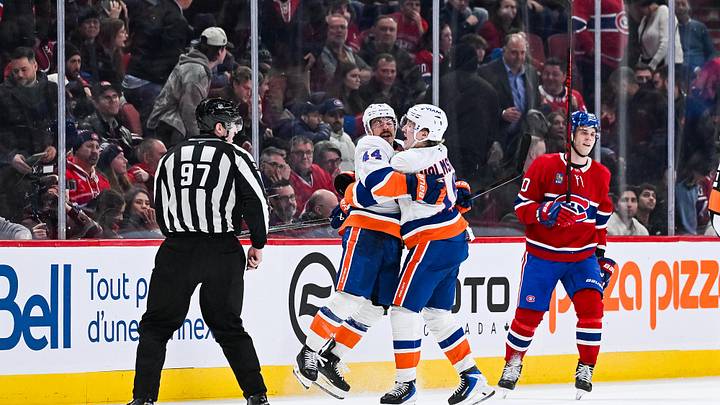 Feb 26, 2026; Montreal, Quebec, CAN; New York Islanders center Jean-Gabriel Pageau (44) celebrates his game winning goal against the Montreal Canadiens in during overtime at Bell Centre. Mandatory Credit: David Kirouac-Imagn Images