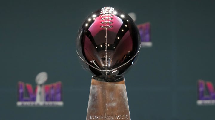 Feb 12, 2024; Las Vegas, NV, USA; The Vince Lombardi trophy at the Super Bowl LVIII Winning Head Coach and Most Valuable Player Press Conference at the Super Bowl 58 media center at the Mandalay Bay North Convention Center.