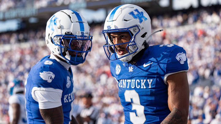 Kentucky Wildcats running back Seth McGowan (3) celebrated with his teammates after scoring his second touchdown of the game as the Kentucky Wildcats faced off against the Ole Miss Rebels at Kroger Field in Lexington, Kentucky on Saturday, September 6, 2025. Ole Miss defeated Kentucky, 30-23.