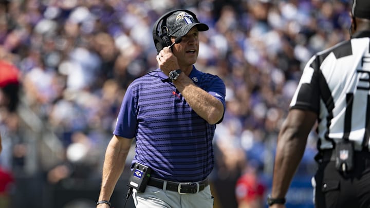Sep 15, 2024; Baltimore, Maryland, USA; Baltimore Ravens head coach John Harbaugh speaks with an official during the first half against the Las Vegas Raiders at M&T Bank Stadium. Mandatory Credit: Tommy Gilligan-Imagn Images Sep 15, 2024; Baltimore, Maryland, USA; Baltimore Ravens head coach John Harbaugh speaks with an official during the first half against the Las Vegas Raiders at M&T Bank Stadium. Mandatory Credit: Tommy Gilligan-Imagn Images