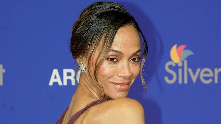Zoe Saldana is photographed on the red carpet during the Palm Springs International Film Awards in Palm Springs, Calif., Jan. 3, 2025.