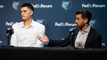 Zach Kleiman, Grizzlies president and general manager of basketball operations, speaks about the team’s draft picks as first-round pick Zach Edey looks on during a press conference to introduce the 2024 NBA Draft picks at FedExForum on Friday, June 28, 2024.