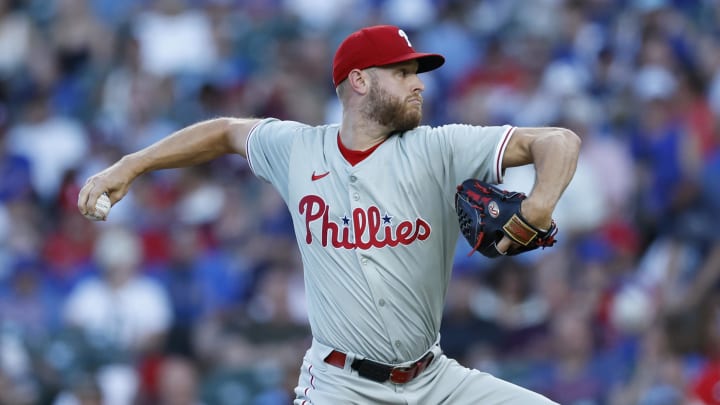 Jul 3, 2024; Chicago, Illinois, USA; Philadelphia Phillies starting pitcher Zack Wheeler (45) delivers a pitch against the Chicago Cubs during the second inning at Wrigley Field. Mandatory Credit: Kamil Krzaczynski-USA TODAY Sports