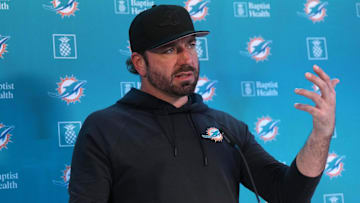 Nov 2, 2023; Frankfurt, Germany; Miami Dolphins offensive coordinator Frank Smith at press conference at the PSD Bank Arena. Mandatory Credit: Kirby Lee-Imagn Images