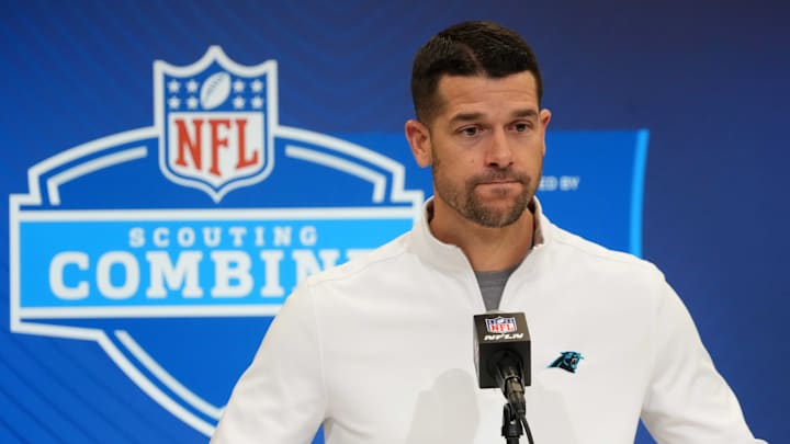 Feb 25, 2025; Indianapolis, IN, USA; Carolina Panthers coach Dave Canales speaks during the NFL Scouting Combine at the Indiana Convention Center. Feb 25, 2025; Indianapolis, IN, USA; Carolina Panthers coach Dave Canales speaks during the NFL Scouting Combine at the Indiana Convention Center.