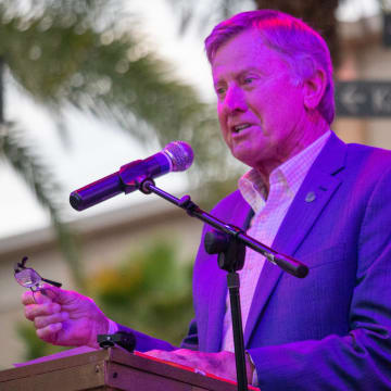 National championship-winning head coach  Steve Spurrier speaks during the unveiling of Steve Spurrier Way at Celebration Pointe in Gainesville, Fla., on Feb. 10, 2023.