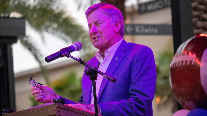 National championship-winning head coach  Steve Spurrier speaks during the unveiling of Steve Spurrier Way at Celebration Pointe in Gainesville, Fla., on Feb. 10, 2023.