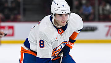 Dec 3, 2024; Montreal, Quebec, CAN; New York Islanders defenseman Noah Dobson (8) waits for a face-off against the Montreal Canadiens during the second period at Bell Centre. Mandatory Credit: David Kirouac-Imagn Images