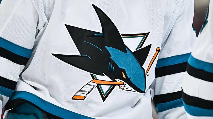 Mar 14, 2026; Montreal, Quebec, CAN; View of a San Jose Sharks logo on a jersey worn by a member of the team during the third period at Bell Centre. Mar 14, 2026; Montreal, Quebec, CAN; View of a San Jose Sharks logo on a jersey worn by a member of the team during the third period at Bell Centre.