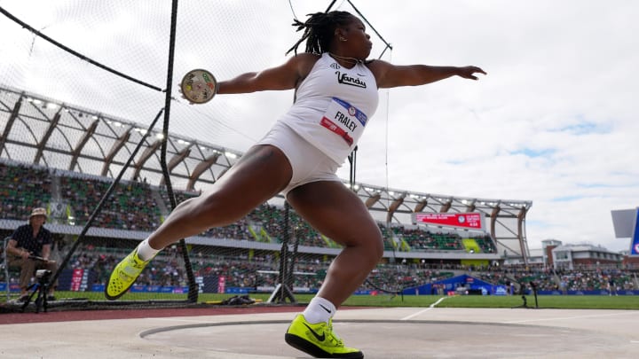 Jun 27, 2024; Eugene, OR, USA; Veronica Fraley of Vanderbilt places third in the women's discus at 205-2 (62.54m) during the US Olympic Team Trials at Hayward Field. 