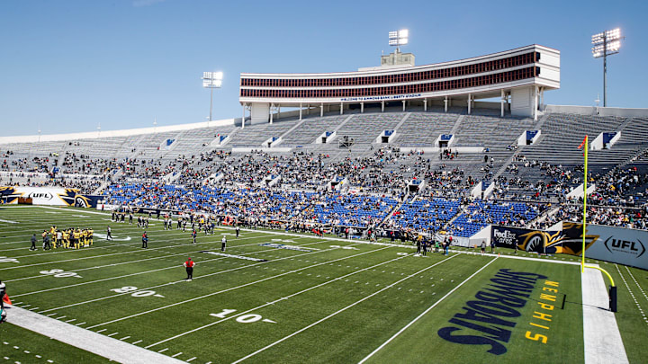 Fans watch from the stands during the UFL game between the San Antonio Brahmas and Memphis Showboats in Simmons Bank Liberty Stadium in Memphis, Tenn., on Saturday, April 6, 2024.