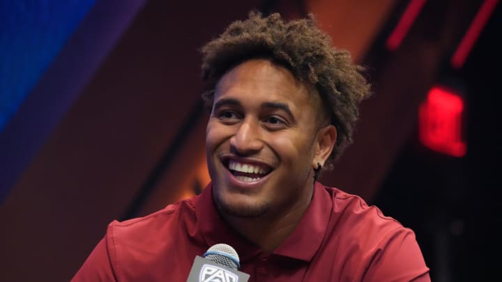 Jul 21, 2023; Las Vegas, NV, USA; Washington State Cougars edge Ron Stone Jr. during Pac-12 Media Day at Resorts World Las Vegas. tMandatory Credit: Kirby Lee-USA TODAY Sports