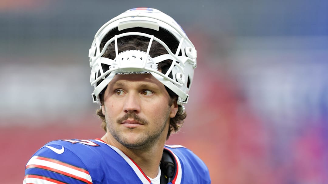 Buffalo Bills quarterback Josh Allen warms up before a game against the Tampa Bay Buccaneers at Raymond James Stadium.