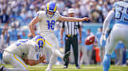 Los Angeles Rams place kicker Joshua Karty (16) kicks a 21 yard field goal against the Tennessee Titans during the second quarter at Nissan Stadium in Nashville, Tenn., Sunday, Sept. 14, 2025.