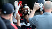 Minnesota Twins right fielder Willi Castro celebrates with teammates after hitting a solo home run against the Athletics during the fourth inning at Sutter Health Park in West Sacramento, Calif., on June 3, 2025.