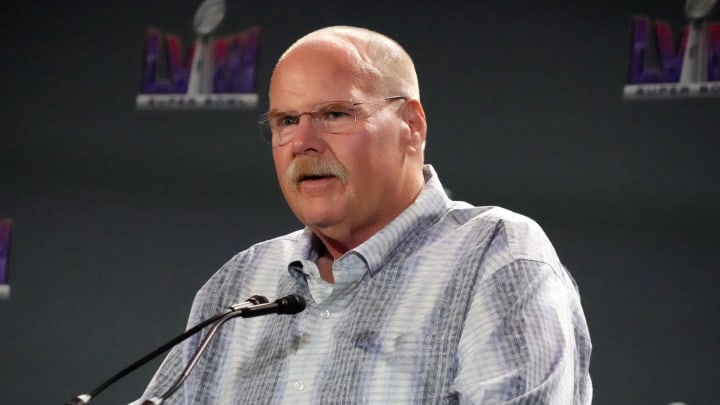 Feb 12, 2024; Las Vegas, NV, USA; Kansas City Chiefs coach Andy Reid speaks at the Super Bowl LVIII Winning Head Coach and Most Valuable Player Press Conference at the Super Bowl 58 media center at the Mandalay Bay North Convention Center. Mandatory Credit: Kirby Lee-USA TODAY Sports