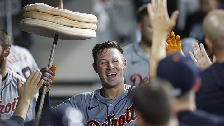 Aug 26, 2024; Chicago, Illinois, USA; Detroit Tigers first baseman Spencer Torkelson (20) celebrates with teammates in the dugout after hitting a three-run home run against the Chicago White Sox during the seventh inning at Guaranteed Rate Field. Mandatory Credit: Kamil Krzaczynski-USA TODAY Sports