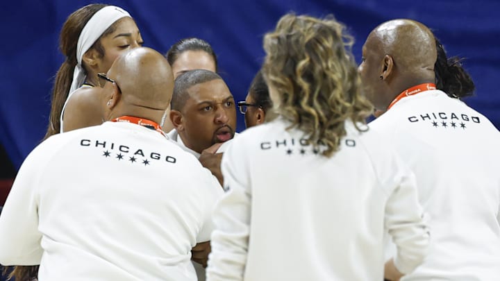 Aug 23, 2025; Chicago, Illinois, USA; Chicago Sky head coach Tyler Marsh reacts after being ejected from a WNBA game against the Connecticut Sun during the first half at Wintrust Arena. Mandatory Credit: Kamil Krzaczynski-Imagn Images