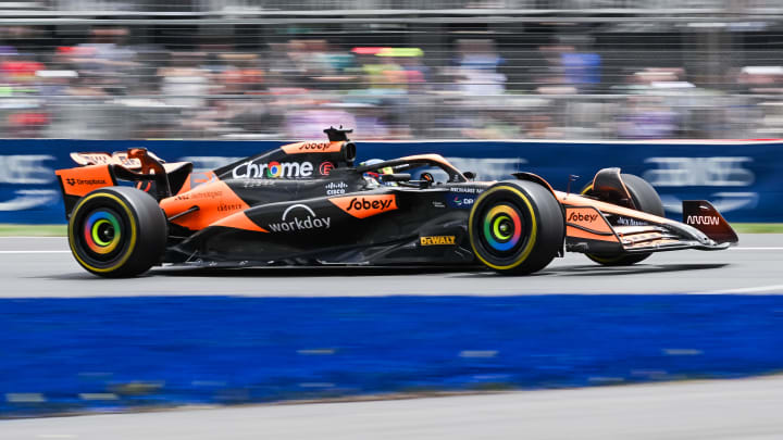 Jun 8, 2024; Montreal, Quebec, CAN; McLaren driver Oscar Piastri (AUS) races during FP3 practice session of the Canadian Grand Prix at Circuit Gilles Villeneuve. Mandatory Credit: David Kirouac-USA TODAY Sports