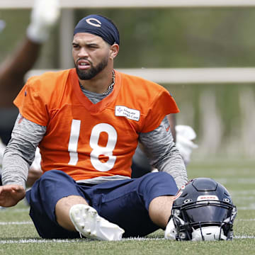Jun 3, 2025; Lake Forest, IL, USA; Chicago Bears quarterback Caleb Williams (18) warms up during minicamp at Halas Hall. Mandatory Credit: Kamil Krzaczynski-Imagn Images