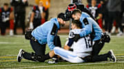 Nov 9, 2024; Montreal, Quebec, CAN; Toronto Argonauts quarterback Chad Kelly (12) requires medical attention against the Montreal Alouettes during the third quarter at Percival-Molson Memorial Stadium. Mandatory Credit: David Kirouac-Imagn Images