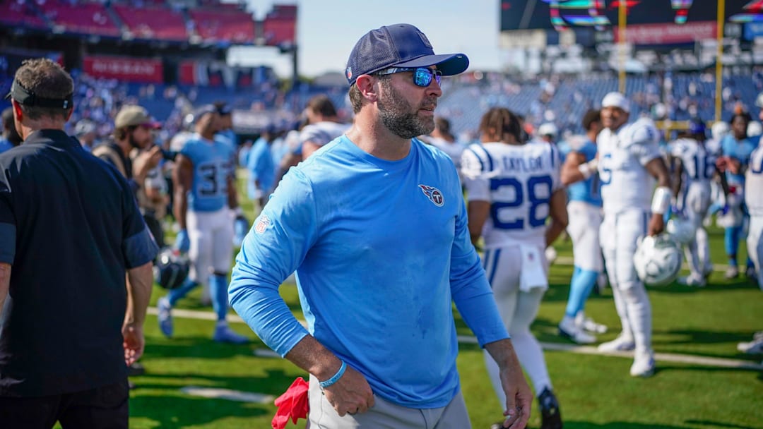 Tennessee Titans coach Brian Callahan exits the field after the game against the Indianapolis Colts at Nissan Stadium in Nashville, Tenn., Sunday, Sept. 21, 2025.