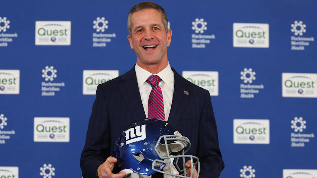 Jan 20, 2026; East Rutherford, NJ, USA; John Harbaugh poses after the press conference announcing his hiring as the next New York Giants head coach at Quest Diagnostics Training Center. Mandatory Credit: Ed Mulholland-Imagn Images