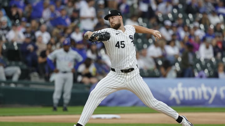 Aug 9, 2024; Chicago, Illinois, USA; Chicago White Sox starting pitcher Garrett Crochet (45) delivers a pitch against the Chicago Cubs during the first inning at Guaranteed Rate Field.