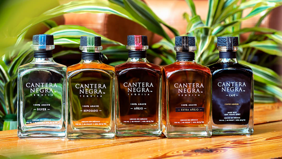 Cantera Negra tequila lineup of Silver, Reposado, Anejo, Extra Anejo, and Cafe'