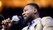 Tony Allen speaks at the Grizzlies arena.