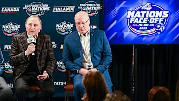 Feb 12, 2025; Montreal, Quebec, CAN; [Imagn Images direct customers only] NHL commissioner Gary Bettman addresses the press beside NHL deputy commissioner Bill Daly before a 4 Nations Face-Off ice hockey game at Bell Centre. Mandatory Credit: David Kirouac-Imagn Images