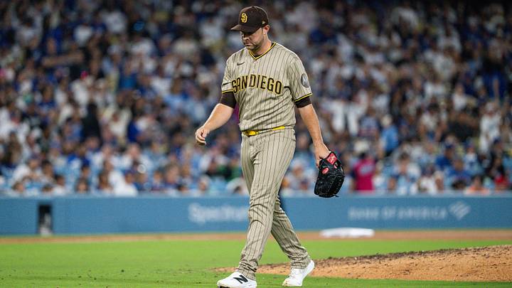 Jul 3, 2026; Los Angeles, California, USA; San Diego Padres pitcher Michael King (34) leaves the game in the seventh inning against the Los Angeles Dodgers at Dodger Stadium. Mandatory Credit: Jon Endow-Imagn Images