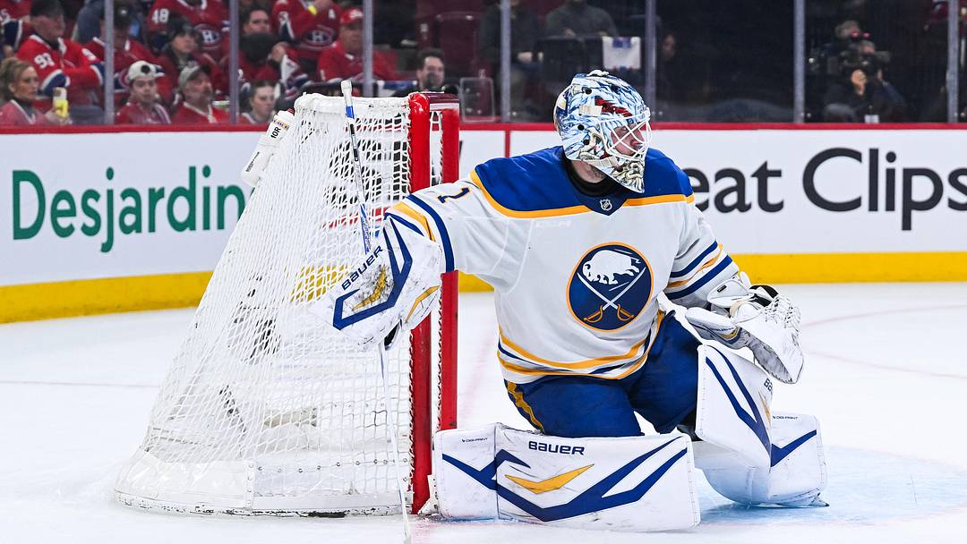 May 16, 2026; Montreal, Quebec, CAN; Buffalo Sabres goalie Ukko-Pekka Luukkonen (1) intercepts the puck against the Montreal Canadiens during the third period in game six of the second round of the 2026 Stanley Cup Playoffs at Bell Centre. Mandatory Credit: David Kirouac-Imagn Images