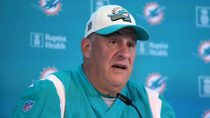 Nov 2, 2023; Frankfurt, Germany; Miami Dolphins defensive coordinator Vic Fangio at press conference at the PSD Bank Arena. Mandatory Credit: Kirby Lee-Imagn Images
