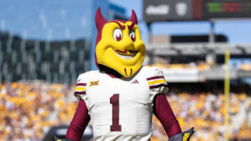 Oct 18, 2025; Tempe, Arizona, USA; Arizona State Sun Devils mascot Sparky at Mountain America Stadium. Mandatory Credit: Mark J. Rebilas-Imagn Images
