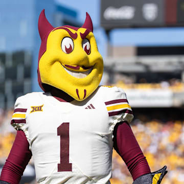 Oct 18, 2025; Tempe, Arizona, USA; Arizona State Sun Devils mascot Sparky at Mountain America Stadium. Mandatory Credit: Mark J. Rebilas-Imagn Images