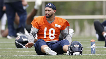Jun 3, 2025; Lake Forest, IL, USA; Chicago Bears quarterback Caleb Williams (18) warms up during minicamp at Halas Hall. Mandatory Credit: Kamil Krzaczynski-Imagn Images